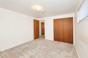 Unfurnished bedroom with carpet and a closet