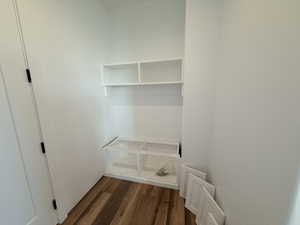 Walk in closet with dark wood finished floors