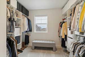 Walk in closet with light colored carpet