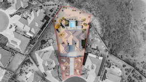 Aerial perspective of suburban area featuring property boundaries highlighted