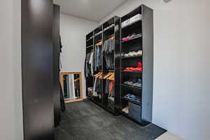 Walk in closet with dark colored carpet