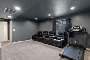 Cinema featuring light carpet, a textured ceiling, and recessed lighting