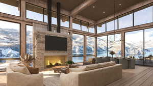 Living room featuring expansive windows, hardwood / wood-style flooring, a stone fireplace, a high wood ceiling, and recessed lighting