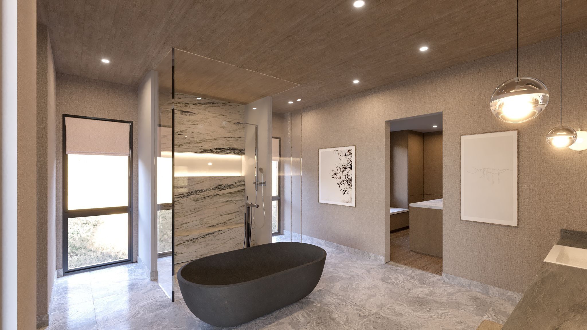 Bathroom featuring vanity, a marble finish shower, a freestanding tub, wood ceiling, and recessed lighting