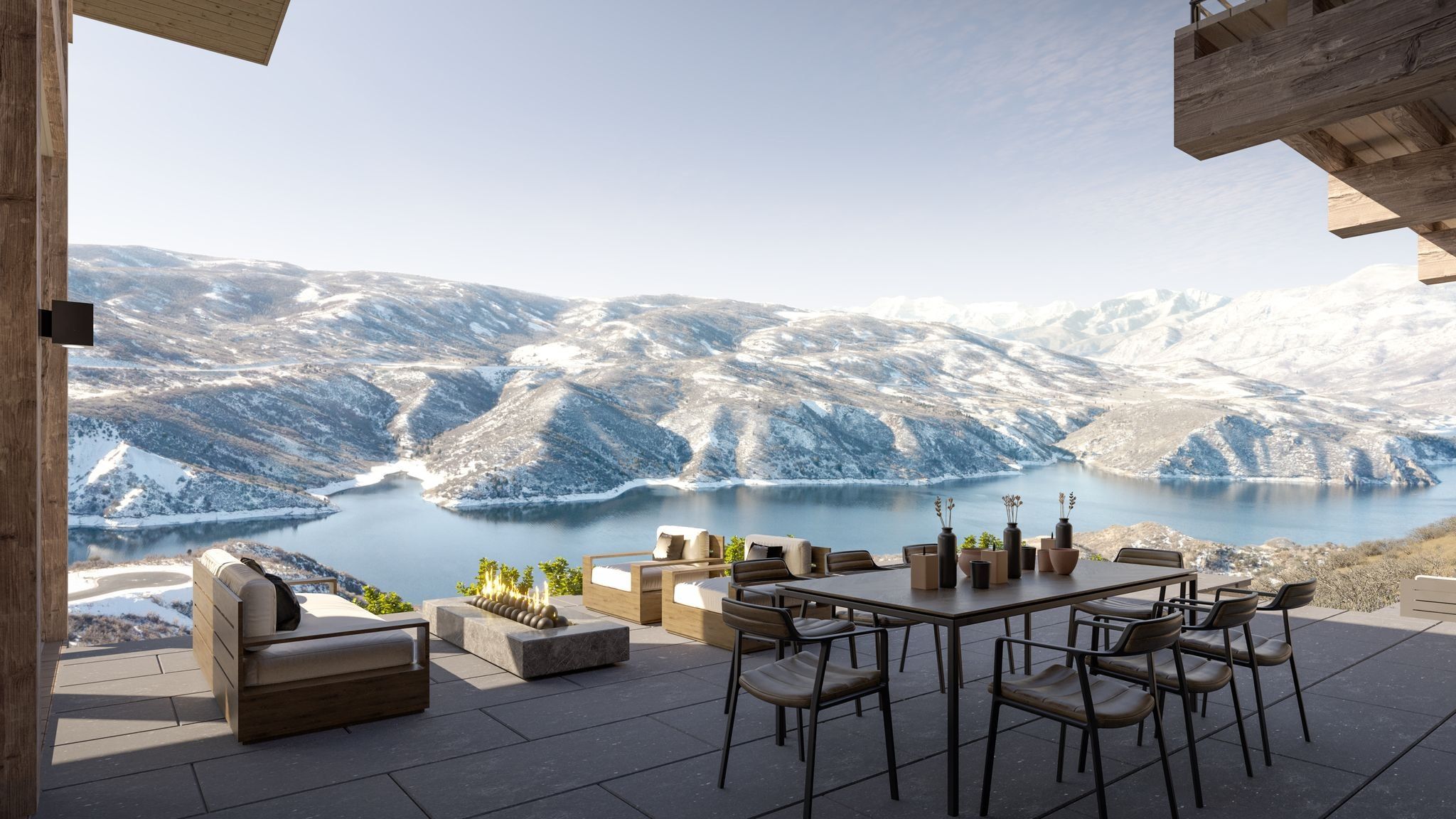 View of patio featuring a water and mountain view, outdoor dining space, and an outdoor fire pit