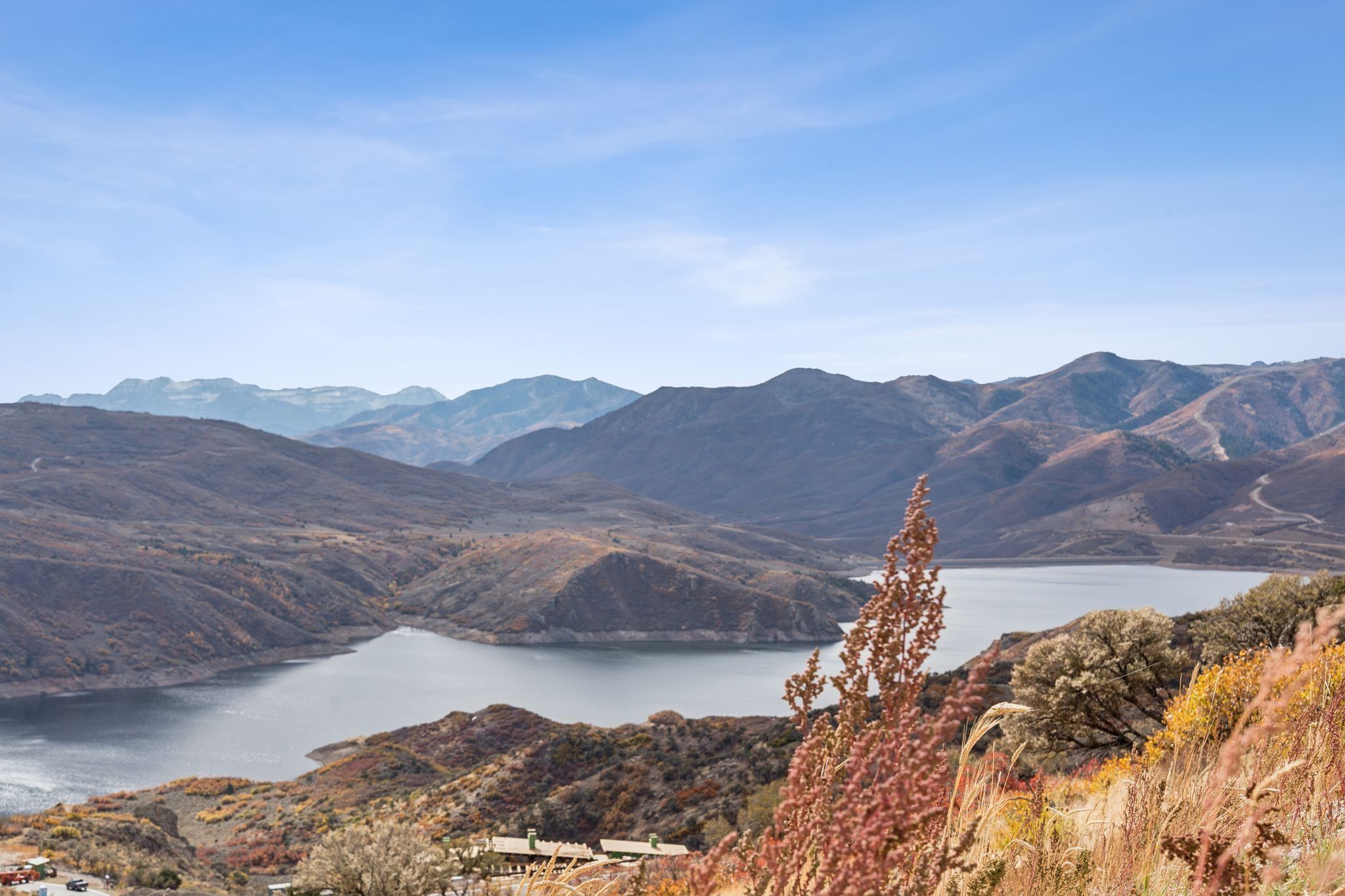 View of mountain backdrop with a large body of water