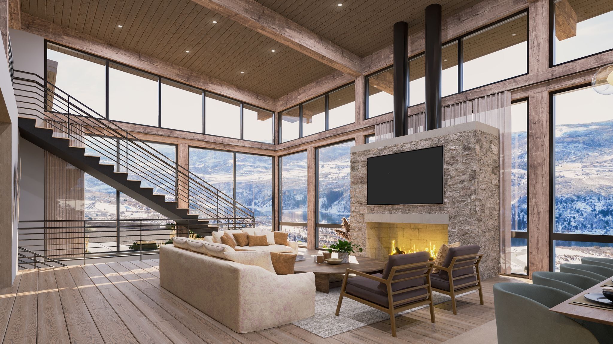 Living area with a high ceiling, expansive windows, a stone fireplace, hardwood / wood-style flooring, and recessed lighting