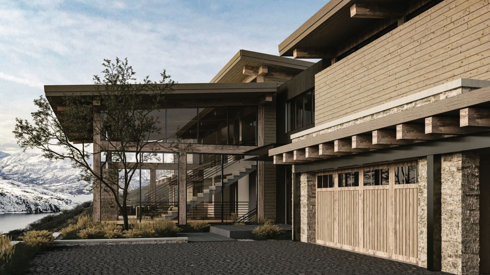 View of side of home featuring a balcony, an attached garage, and driveway