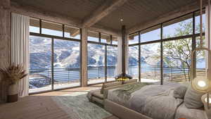 Bedroom featuring floor to ceiling windows, wood-type flooring, beam ceiling, access to exterior, and a water and mountain view