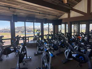 Gym featuring vaulted ceiling and a ceiling fan