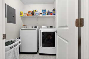 Laundry room featuring electric panel and separate washer and dryer
