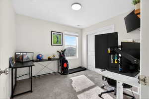 Office space with light colored carpet