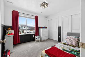 Bedroom with two closets and light colored carpet