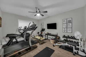 Workout area with a ceiling fan