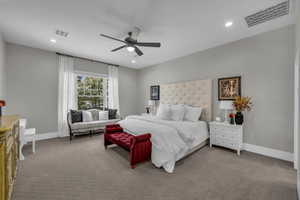 Bedroom with carpet floors, recessed lighting, and ceiling fan