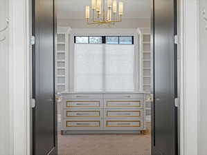 Primary entrance to the walk-in closet with light carpet and suspended lighting