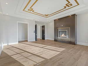 Primary bedroom featuring light wood-style flooring, a large fireplace, recessed lighting, and a tray ceiling