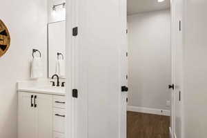 Bathroom featuring vanity and dark wood-style flooring