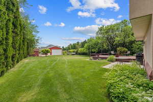 View of grassy yard with an outbuilding and view of scattered trees