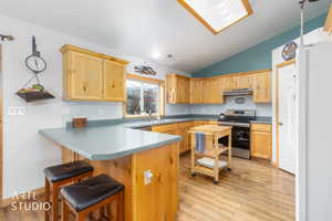 Kitchen with freestanding refrigerator, a peninsula, electric range, a breakfast bar, and light wood finish cabinets