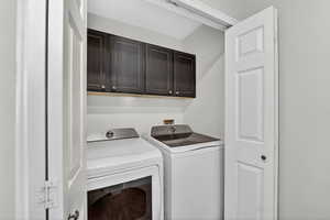 Laundry area with cabinet space and independent washer and dryer