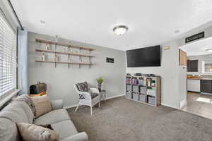 Sitting room featuring carpet floors, tile patterned floors, and a textured ceiling