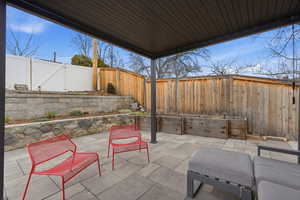 Fenced backyard featuring a patio area