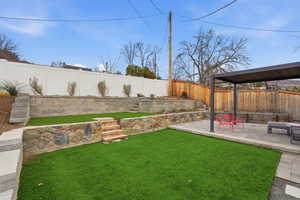 Fenced backyard with a patio
