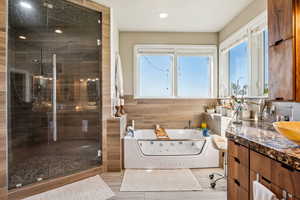 Full bathroom with a jetted tub, vanity, a stall shower, tile walls, and a sauna