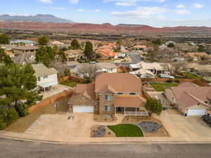 Aerial view of residential area with a mountain backdrop