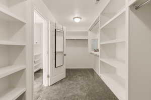 Walk in closet featuring dark colored carpet