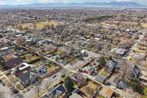 Aerial perspective of suburban area with mountains
