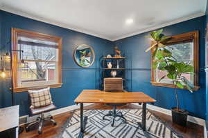 Office with wood finished floors and ornamental molding