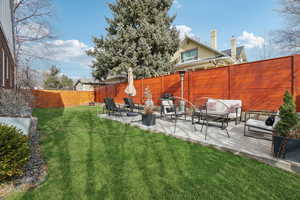 Fenced backyard with a patio