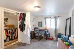 Cottage bedroom featuring light carpet