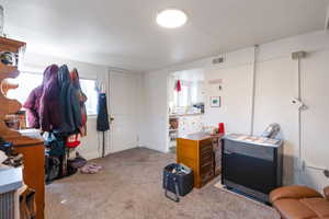 Cottage front room featuring light colored carpet and baseboards