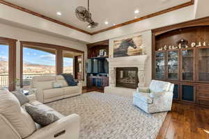 Living area with dark wood-type flooring, a premium fireplace, recessed lighting, and a raised ceiling