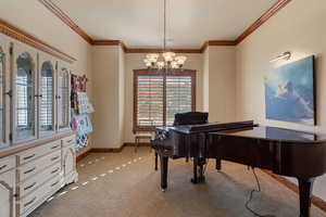 Living area featuring carpet flooring, suspended lighting, and ornamental molding