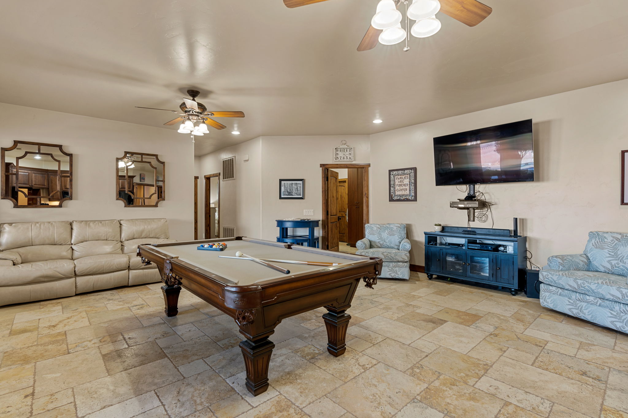 Game room featuring a ceiling fan, recessed lighting, pool table, and stone tile flooring