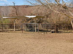 View of back field near the virgin river and animal corrals used for goats and sheep.