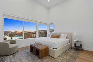 Bedroom featuring wood finished floors, a high ceiling, and recessed lighting