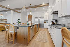 Kitchen featuring beam ceiling, a kitchen breakfast bar, light wood-style floors, stainless steel appliances, and tasteful backsplash
