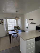 Dining room with dark wood finished floors, crown molding, and a textured ceiling