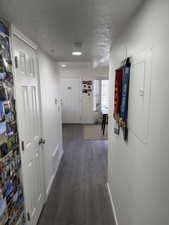 Hallway with a textured ceiling, electric panel, and dark wood-style floors