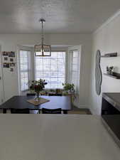 Dining area featuring a textured ceiling, healthy amount of natural light, and ornamental molding