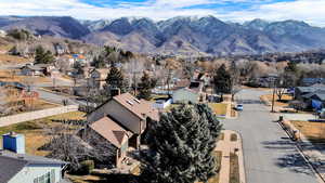 Aerial view of residential area with a mountain backdrop