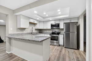 Kitchen featuring stainless steel appliances, dark stone counters, recessed lighting, light wood-style flooring, and a tray ceiling
