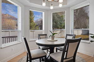 Dining room featuring a chandelier, light wood-style flooring, a tray ceiling, a mountain view, and plenty of natural light