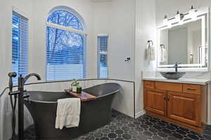 Full bath with vanity and a freestanding tub