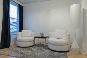 Sitting room featuring light wood-type flooring and healthy amount of natural light